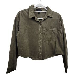 Forever 21 Lightweight Crop Corduroy Green Button Flannel Jacket Size Medium